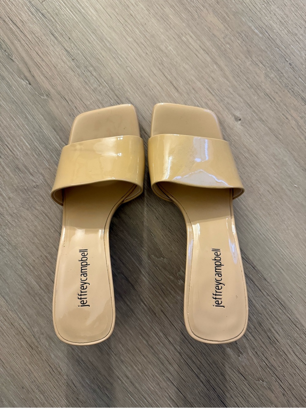 NEW Jeffrey Campbell Beige Patent Square-Toe Slide Mules